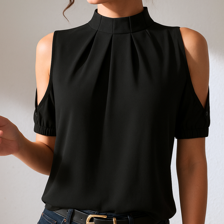 Angela | Black Pleated Blouse With Split Sleeves