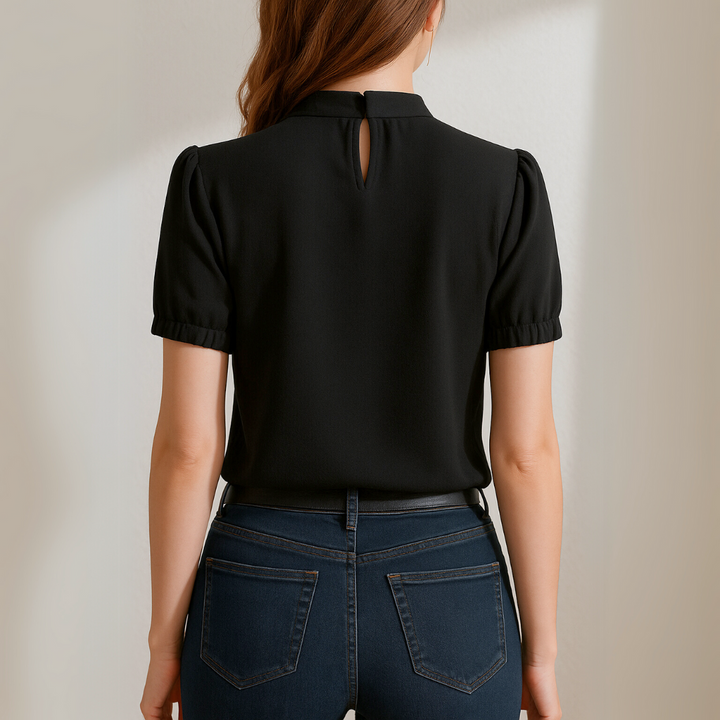 Angela | Black Pleated Blouse With Split Sleeves