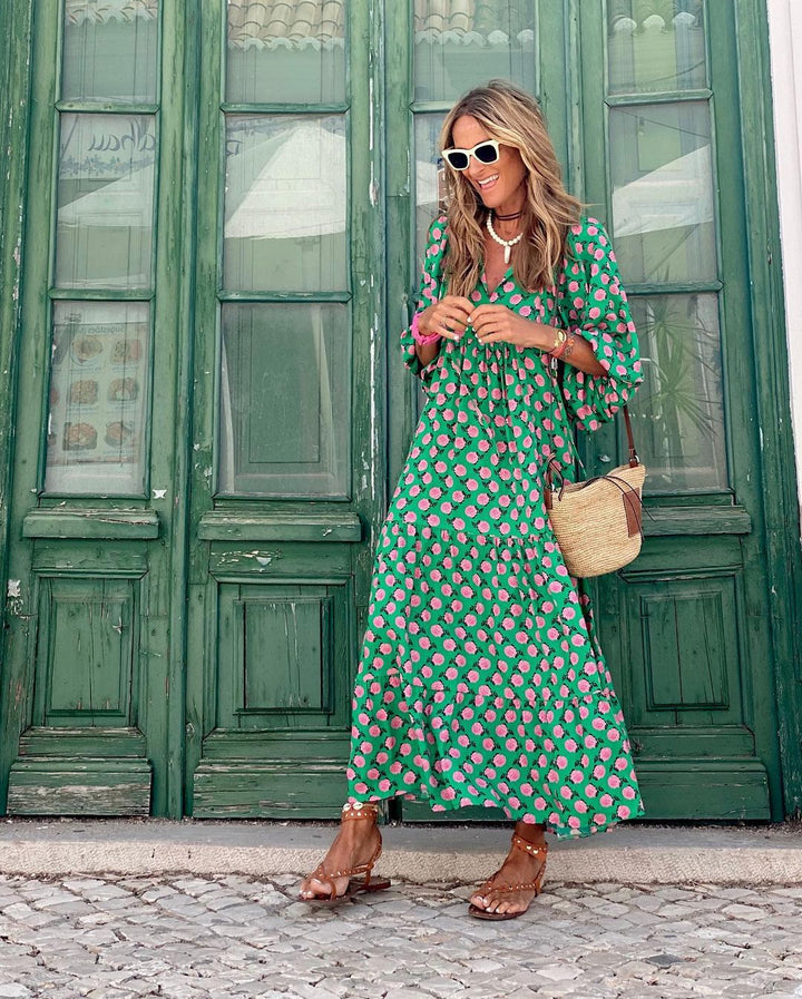 Elisa™ |  Boho Maxi Dress with Puff Sleeves